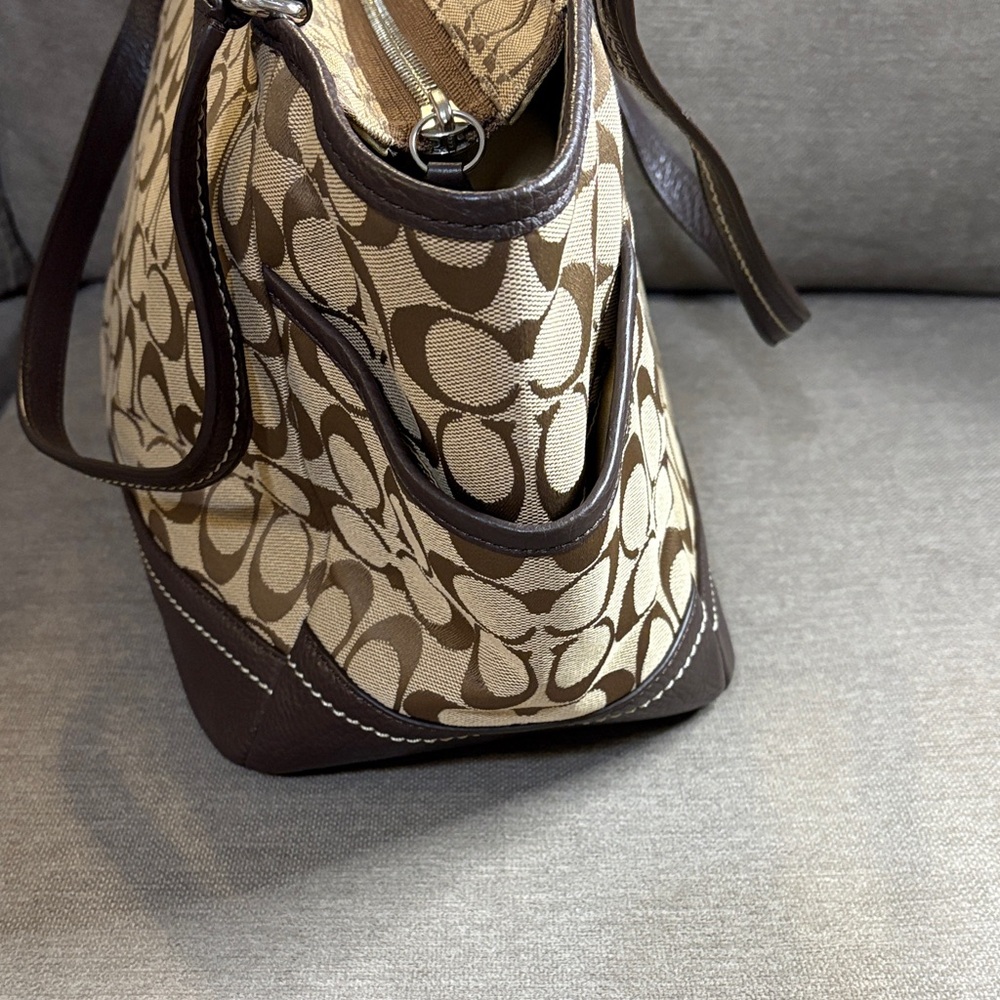 Coach Signature Canvas Tote in Khaki and Brown with Leather Trim - Picture 4 of 10